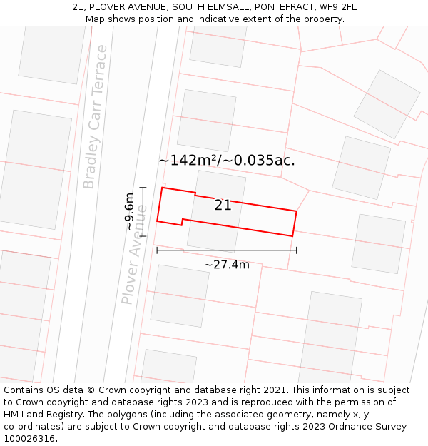 21, PLOVER AVENUE, SOUTH ELMSALL, PONTEFRACT, WF9 2FL: Plot and title map