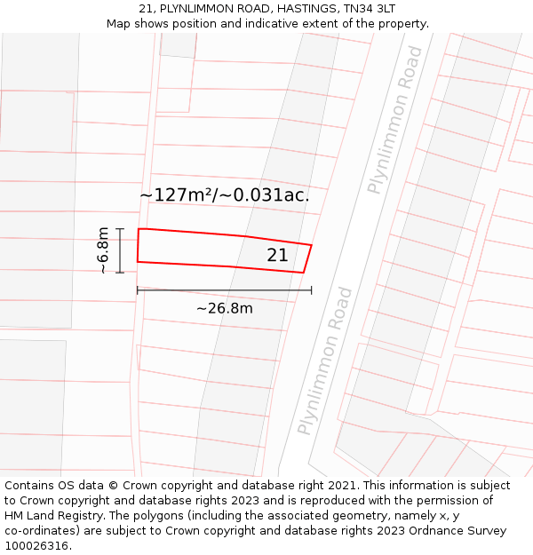 21, PLYNLIMMON ROAD, HASTINGS, TN34 3LT: Plot and title map