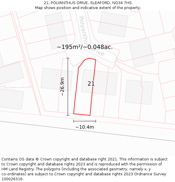21, POLYANTHUS DRIVE, SLEAFORD, NG34 7HS: Plot and title map