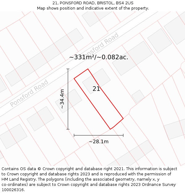 21, PONSFORD ROAD, BRISTOL, BS4 2US: Plot and title map
