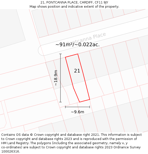 21, PONTCANNA PLACE, CARDIFF, CF11 9JY: Plot and title map