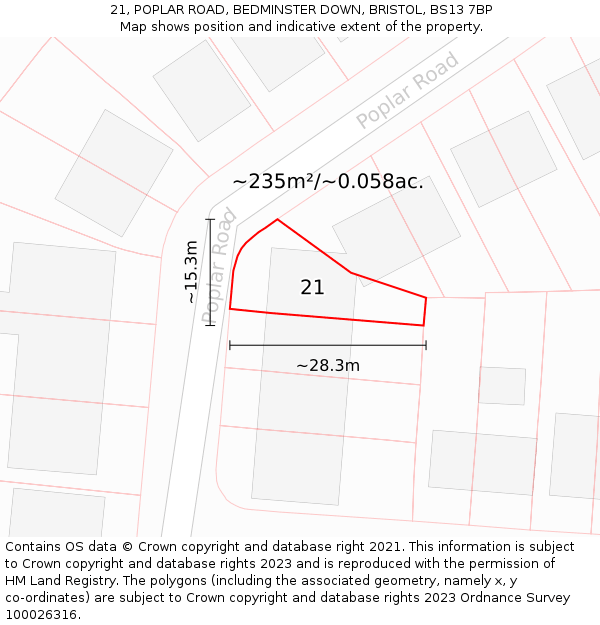21, POPLAR ROAD, BEDMINSTER DOWN, BRISTOL, BS13 7BP: Plot and title map