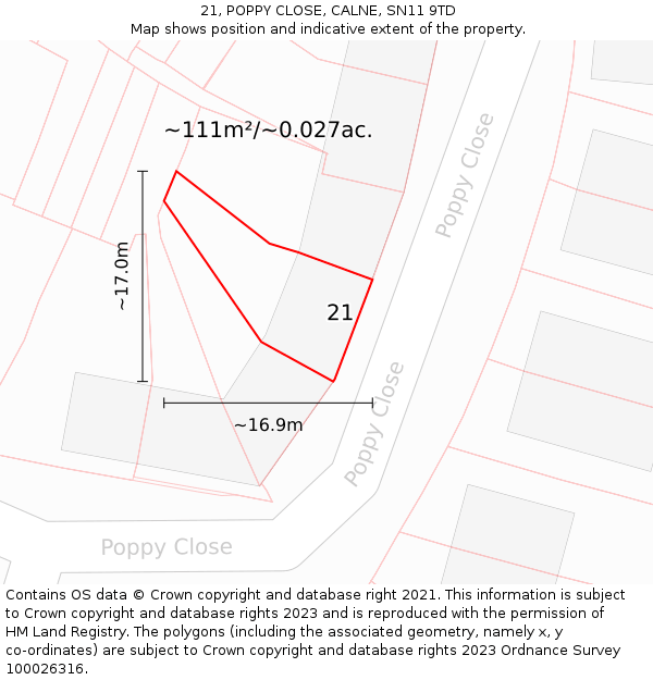 21, POPPY CLOSE, CALNE, SN11 9TD: Plot and title map