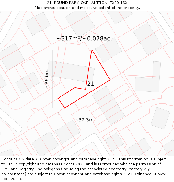 21, POUND PARK, OKEHAMPTON, EX20 1SX: Plot and title map