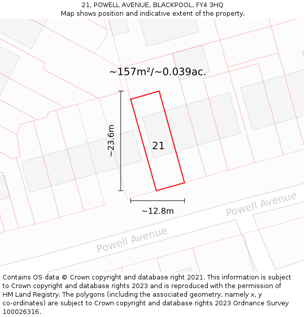 21, POWELL AVENUE, BLACKPOOL, FY4 3HQ: Plot and title map