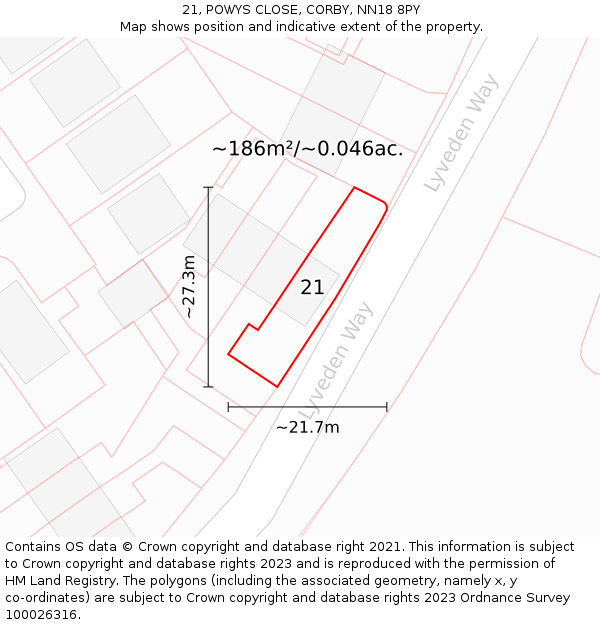 21, POWYS CLOSE, CORBY, NN18 8PY: Plot and title map