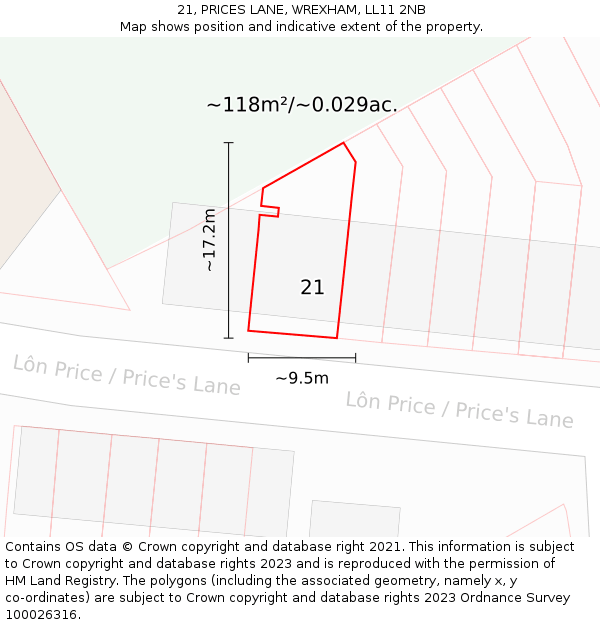 21, PRICES LANE, WREXHAM, LL11 2NB: Plot and title map