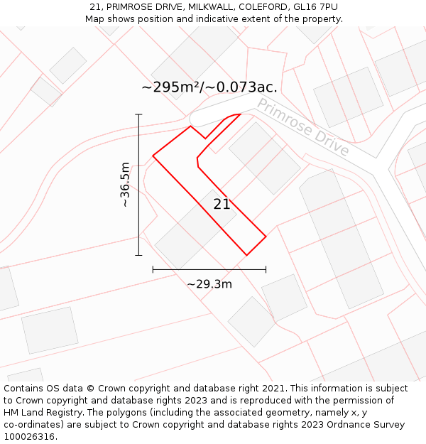 21, PRIMROSE DRIVE, MILKWALL, COLEFORD, GL16 7PU: Plot and title map