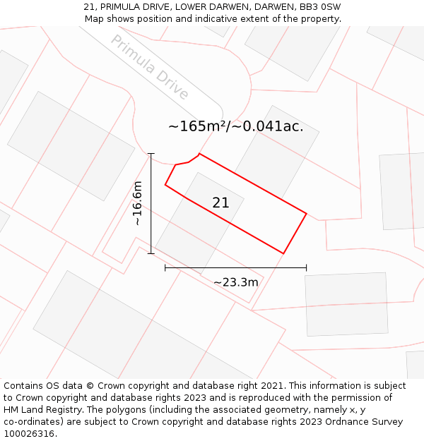 21, PRIMULA DRIVE, LOWER DARWEN, DARWEN, BB3 0SW: Plot and title map