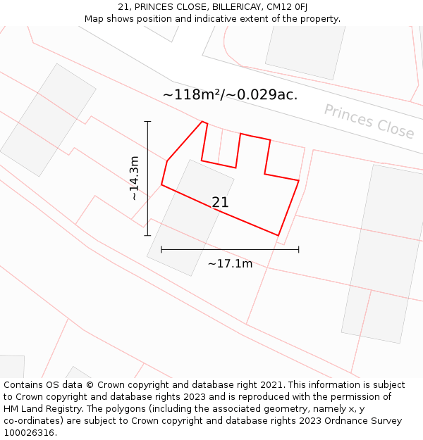 21, PRINCES CLOSE, BILLERICAY, CM12 0FJ: Plot and title map
