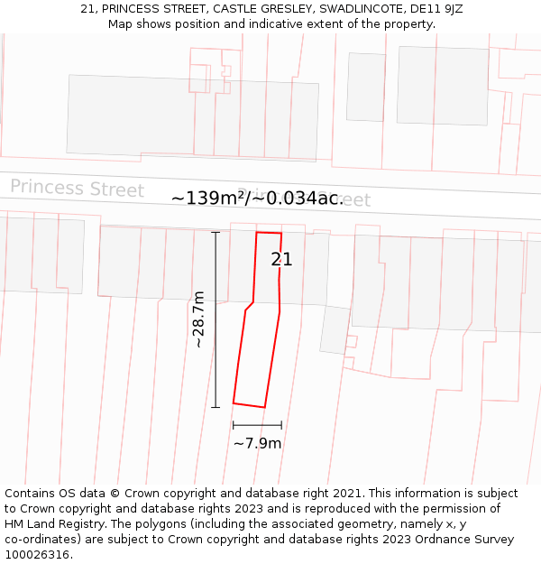 21, PRINCESS STREET, CASTLE GRESLEY, SWADLINCOTE, DE11 9JZ: Plot and title map