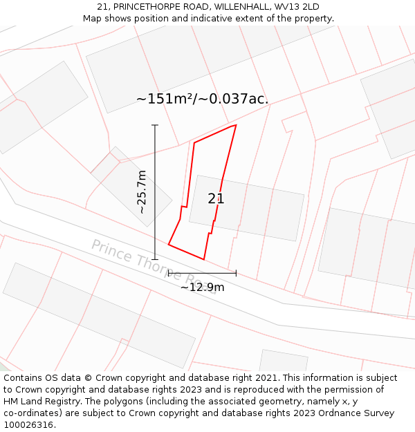 21, PRINCETHORPE ROAD, WILLENHALL, WV13 2LD: Plot and title map