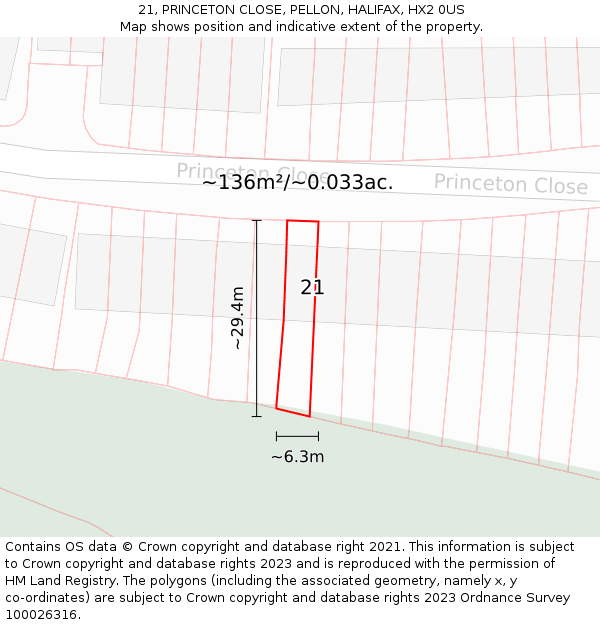 21, PRINCETON CLOSE, PELLON, HALIFAX, HX2 0US: Plot and title map