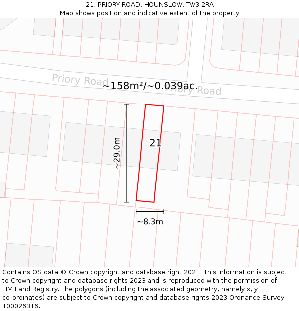 21, PRIORY ROAD, HOUNSLOW, TW3 2RA: Plot and title map