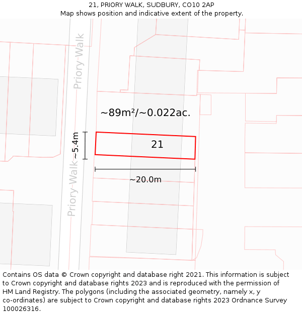 21, PRIORY WALK, SUDBURY, CO10 2AP: Plot and title map