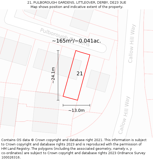 21, PULBOROUGH GARDENS, LITTLEOVER, DERBY, DE23 3UE: Plot and title map