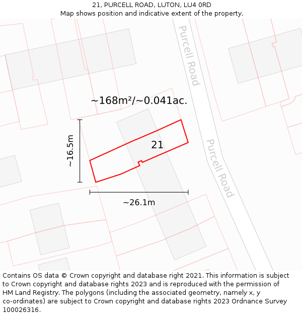 21, PURCELL ROAD, LUTON, LU4 0RD: Plot and title map