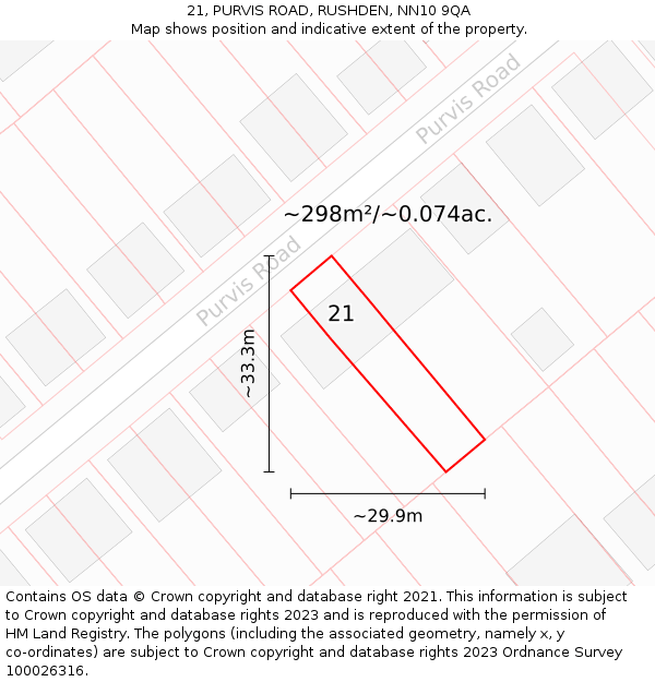 21, PURVIS ROAD, RUSHDEN, NN10 9QA: Plot and title map