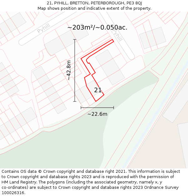 21, PYHILL, BRETTON, PETERBOROUGH, PE3 8QJ: Plot and title map