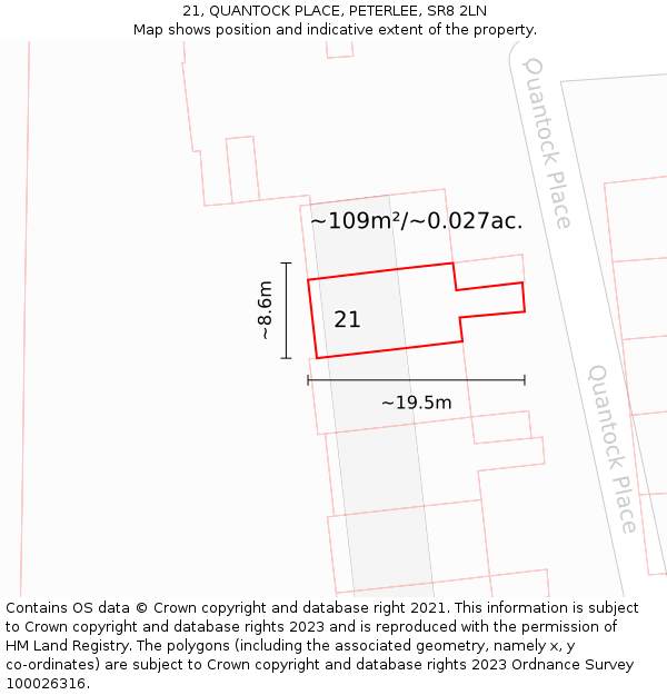 21, QUANTOCK PLACE, PETERLEE, SR8 2LN: Plot and title map