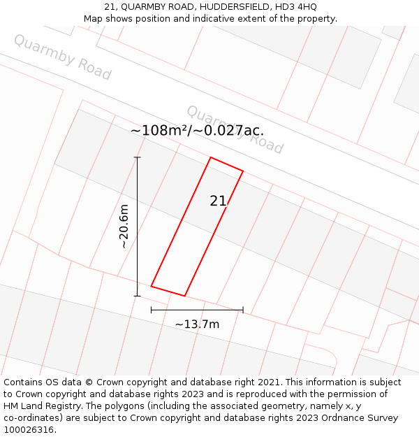 21, QUARMBY ROAD, HUDDERSFIELD, HD3 4HQ: Plot and title map