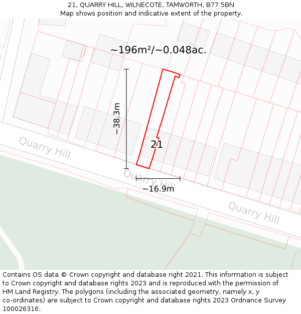 21, QUARRY HILL, WILNECOTE, TAMWORTH, B77 5BN: Plot and title map