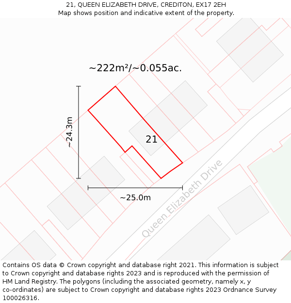 21, QUEEN ELIZABETH DRIVE, CREDITON, EX17 2EH: Plot and title map