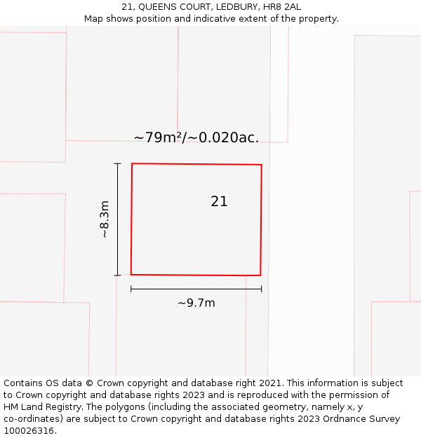 21, QUEENS COURT, LEDBURY, HR8 2AL: Plot and title map