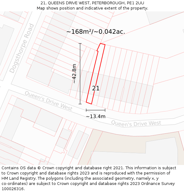 21, QUEENS DRIVE WEST, PETERBOROUGH, PE1 2UU: Plot and title map
