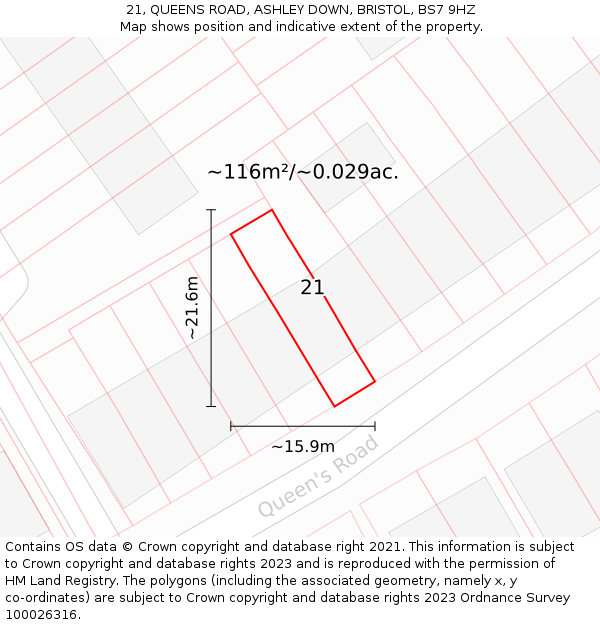 21, QUEENS ROAD, ASHLEY DOWN, BRISTOL, BS7 9HZ: Plot and title map