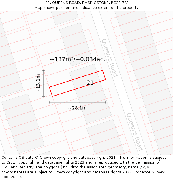 21, QUEENS ROAD, BASINGSTOKE, RG21 7RF: Plot and title map