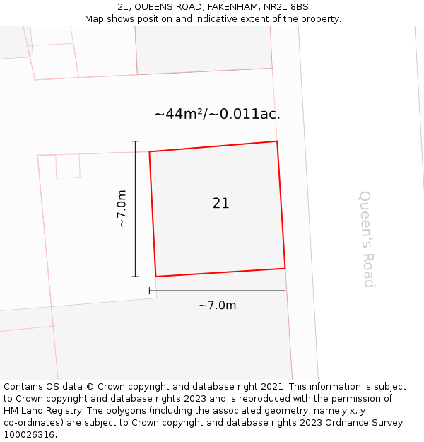 21, QUEENS ROAD, FAKENHAM, NR21 8BS: Plot and title map