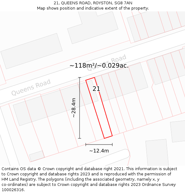 21, QUEENS ROAD, ROYSTON, SG8 7AN: Plot and title map