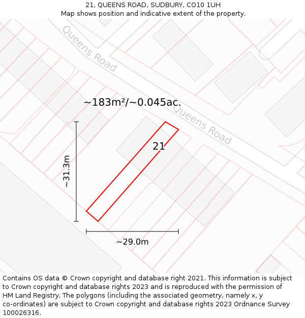 21, QUEENS ROAD, SUDBURY, CO10 1UH: Plot and title map