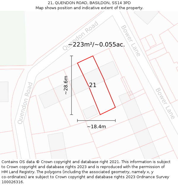 21, QUENDON ROAD, BASILDON, SS14 3PD: Plot and title map