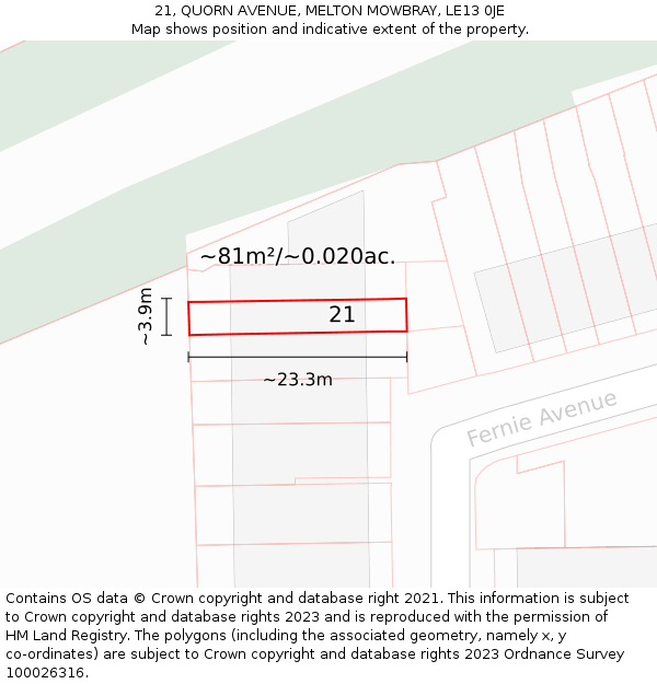 21, QUORN AVENUE, MELTON MOWBRAY, LE13 0JE: Plot and title map