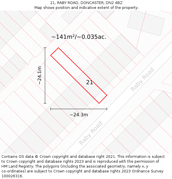 21, RABY ROAD, DONCASTER, DN2 4BZ: Plot and title map