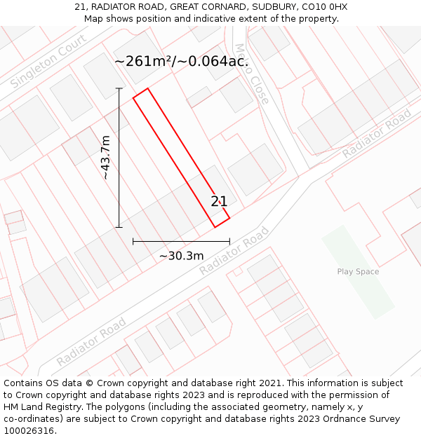 21, RADIATOR ROAD, GREAT CORNARD, SUDBURY, CO10 0HX: Plot and title map