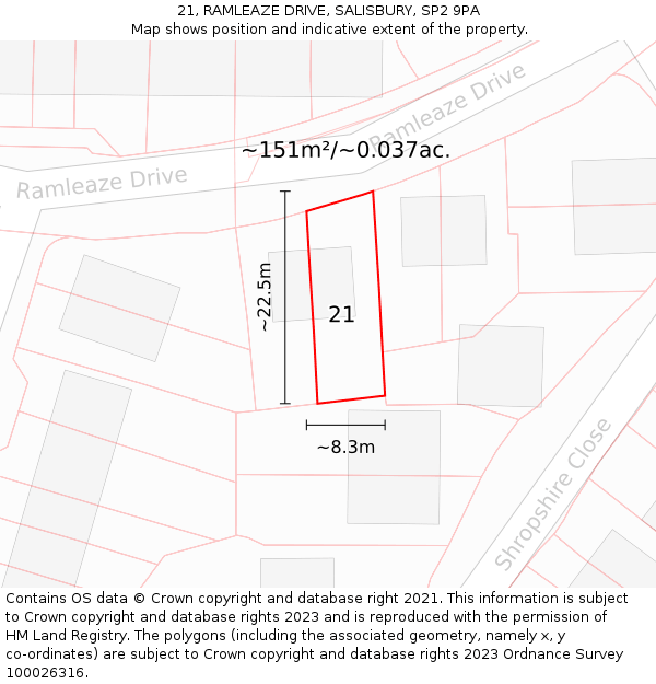 21, RAMLEAZE DRIVE, SALISBURY, SP2 9PA: Plot and title map