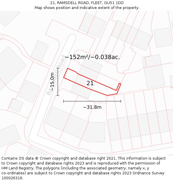 21, RAMSDELL ROAD, FLEET, GU51 1DD: Plot and title map