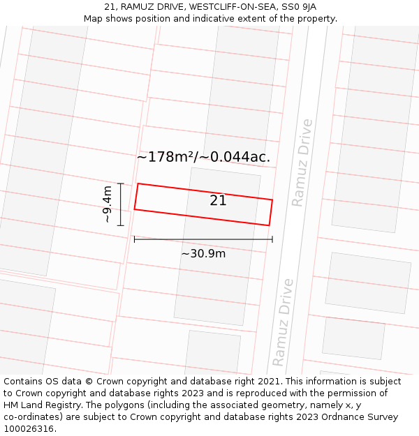 21, RAMUZ DRIVE, WESTCLIFF-ON-SEA, SS0 9JA: Plot and title map