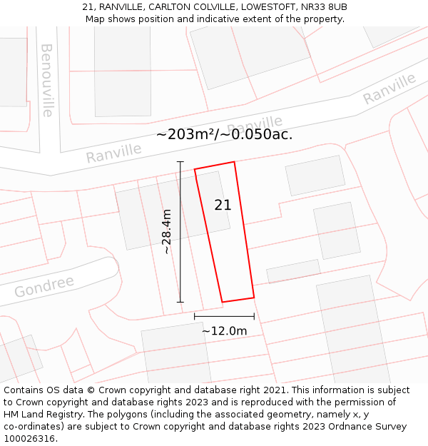 21, RANVILLE, CARLTON COLVILLE, LOWESTOFT, NR33 8UB: Plot and title map