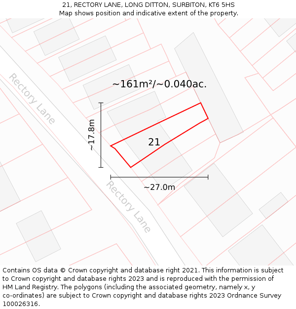 21, RECTORY LANE, LONG DITTON, SURBITON, KT6 5HS: Plot and title map