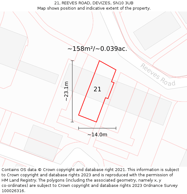 21, REEVES ROAD, DEVIZES, SN10 3UB: Plot and title map