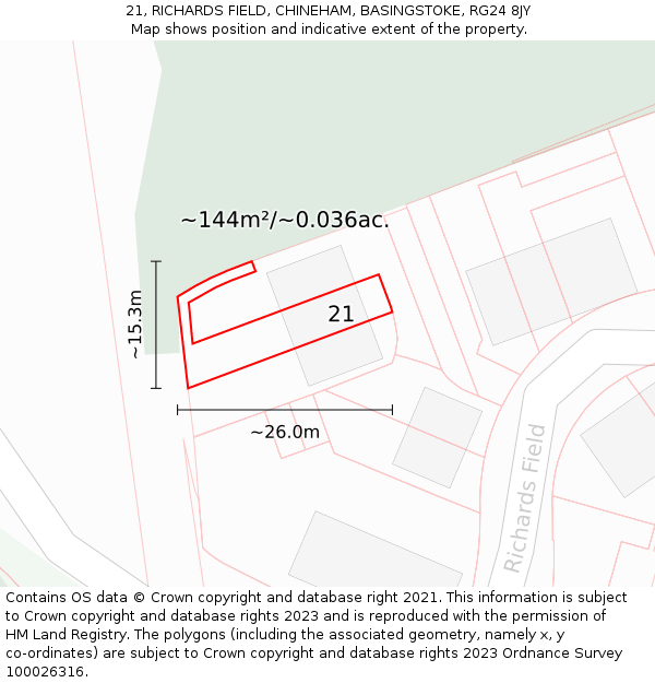 21, RICHARDS FIELD, CHINEHAM, BASINGSTOKE, RG24 8JY: Plot and title map