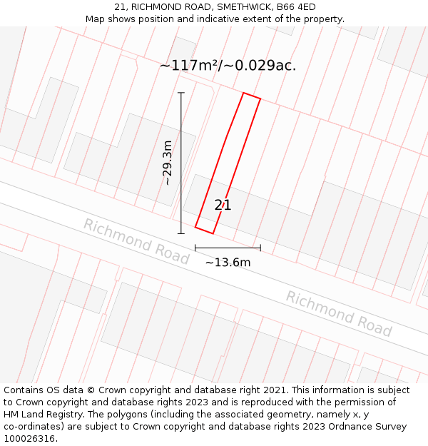 21, RICHMOND ROAD, SMETHWICK, B66 4ED: Plot and title map