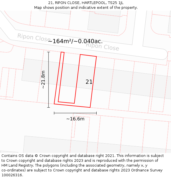 21, RIPON CLOSE, HARTLEPOOL, TS25 1JL: Plot and title map