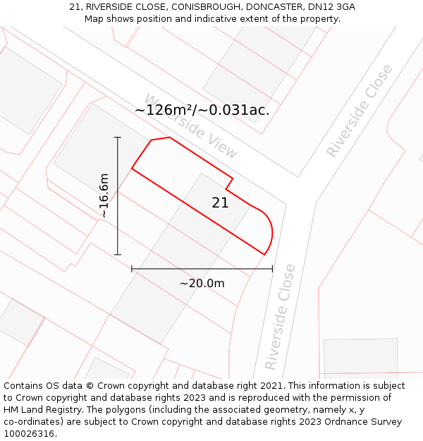 21, RIVERSIDE CLOSE, CONISBROUGH, DONCASTER, DN12 3GA: Plot and title map