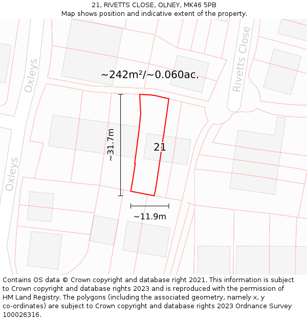21, RIVETTS CLOSE, OLNEY, MK46 5PB: Plot and title map