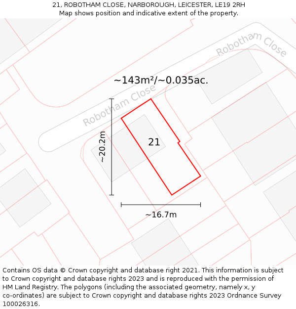 21, ROBOTHAM CLOSE, NARBOROUGH, LEICESTER, LE19 2RH: Plot and title map
